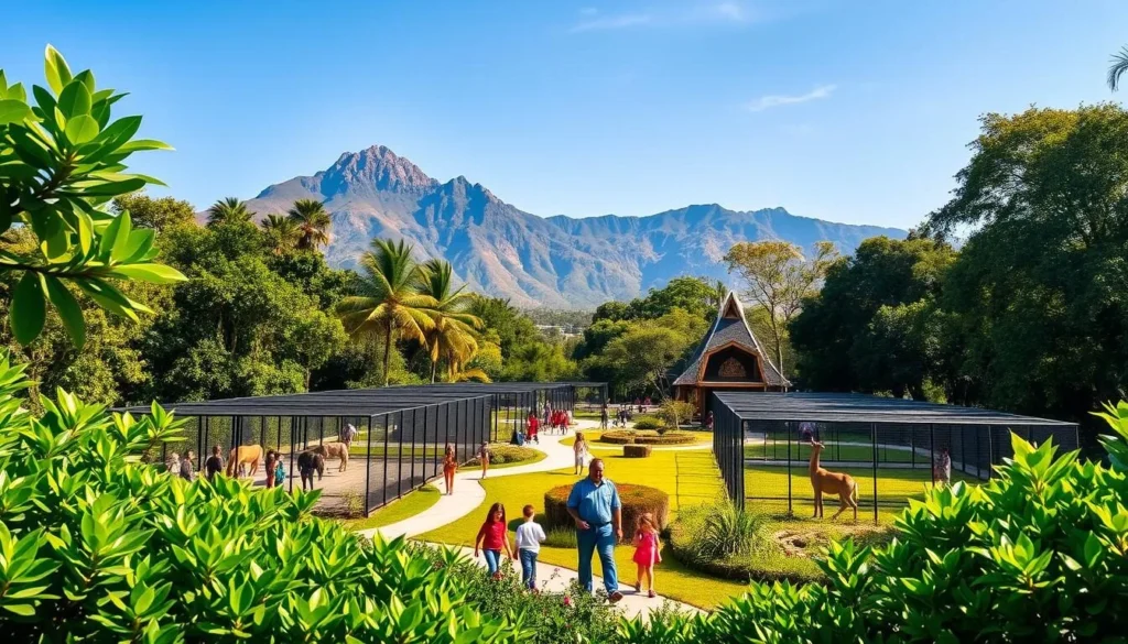Vivid, vibrant scene of Tlaxcala Zoo on a sun-dappled day. Lush, verdant foliage in the foreground frames the enclosures, where diverse species roam freely. In the middle ground, families stroll along well-manicured paths, gazing in wonder at the animals. Towering mountains loom in the distance, their peaks bathed in warm, golden light. The atmosphere is one of tranquility and delight, inviting visitors to immerse themselves in the natural world. Crisp, high-resolution photography captures every intricate detail, from the playful movements of the creatures to the vibrant colors of the flora. An idyllic, family-friendly haven that showcases the best of Tlaxcala's natural wonders.