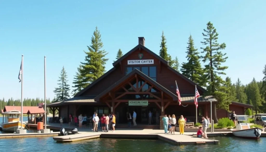 Voyageurs National Park visitor center with boats docked at the marina and informational displays Voyageurs National Park visitor center with boats docked at the marina and informational displays