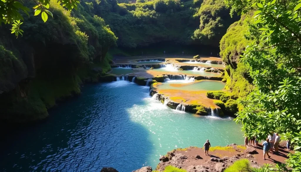 Wailuku River State Park, Big Island, Hawaii. Lush green cliffs surround a series of cascading, turquoise-colored pools known as the Boiling Pots. Sunlight dances on the rippling water, casting mesmerizing patterns. Visitors stand in awe, observing the geological wonder formed by thousands of years of volcanic activity. Verdant foliage frames the tranquil scene, creating a serene, natural ambiance. The picture captures the park's essence as a peaceful oasis, inviting exploration and relaxation amidst the island's breathtaking landscapes.