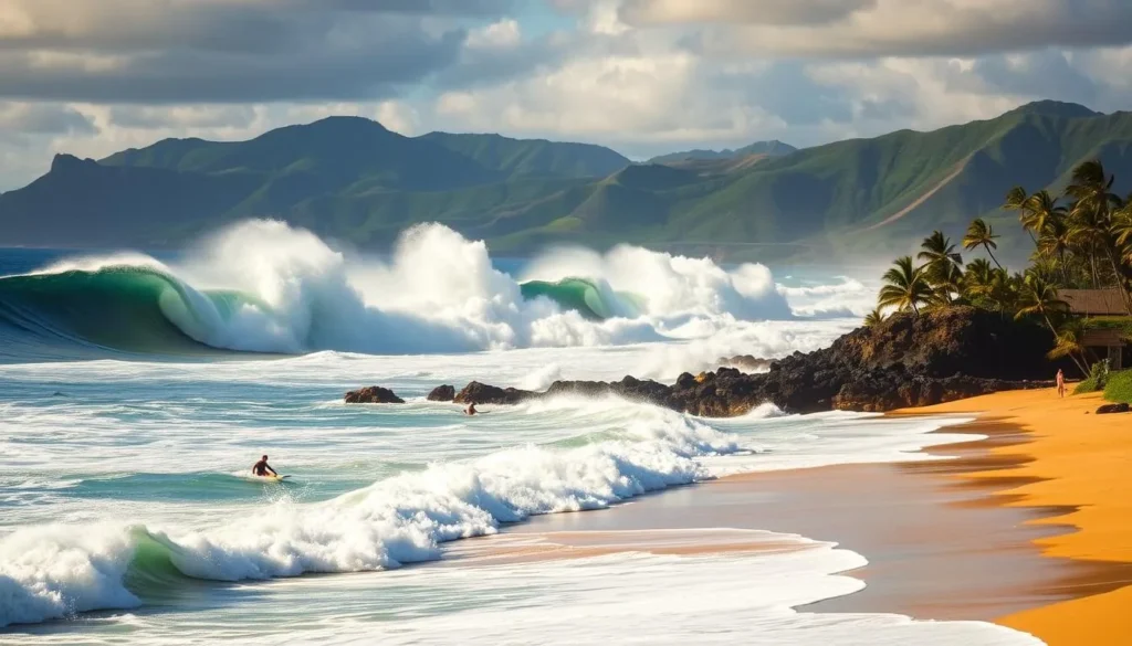Waimea Bay Beach, Oahu, during the winter season. Towering waves crash against the rocky shoreline, their white spray illuminated by the warm Hawaiian sun. In the foreground, a few hardy surfers navigate the powerful swells, their boards carving graceful lines across the water. The middle ground reveals the golden sand beach, dotted with palm trees swaying gently in the coastal breeze. In the background, the lush green hills of the island rise up, creating a picturesque backdrop to this stunning ocean scene. The overall mood is one of adventure, natural beauty, and the raw power of the Pacific.