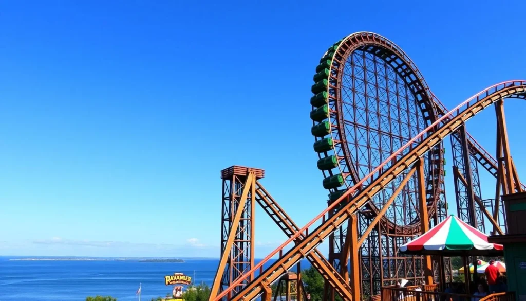 Waldameer Park roller coaster with Lake Erie in the background, popular Erie Pennsylvania attraction Waldameer Park roller coaster with Lake Erie in the background, popular Erie Pennsylvania attraction