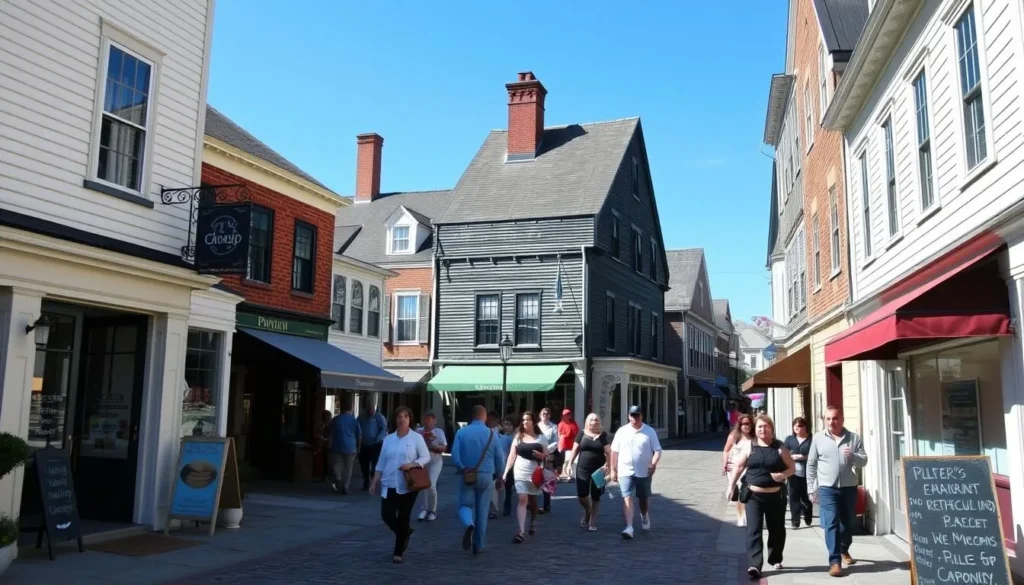 Walkable downtown Plymouth Massachusetts with pedestrians exploring shops and historic sites Walkable downtown Plymouth Massachusetts with pedestrians exploring shops and historic sites