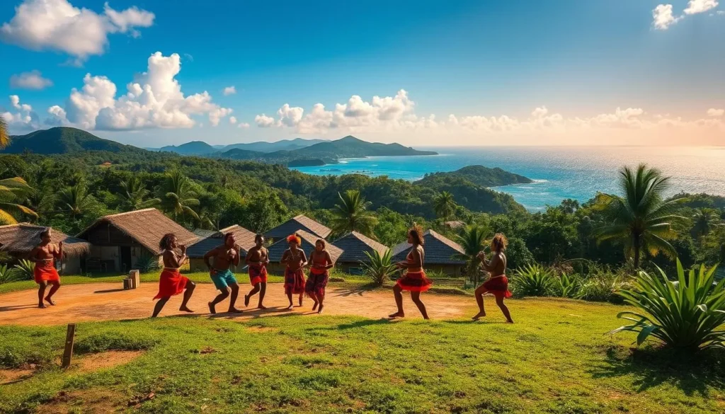 Wallis Island, a lush Pacific paradise, where vibrant cultural traditions thrive. In the foreground, a group of islanders perform an energetic dance, their colorful costumes and intricate movements captivating the eye. The middle ground reveals a village scene, with thatched-roof huts and lush tropical foliage providing a serene backdrop. In the distance, the horizon is dotted with verdant hills and a shimmering azure ocean, bathed in warm, golden sunlight. The atmosphere exudes a sense of tranquility and timelessness, inviting the viewer to immerse themselves in the hidden gems of this enchanting island.