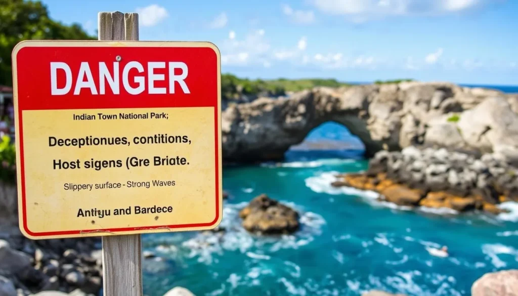 Warning sign at Devil's Bridge in Indian Town National Park cautioning visitors about dangerous conditions Warning sign at Devil's Bridge in Indian Town National Park cautioning visitors about dangerous conditions