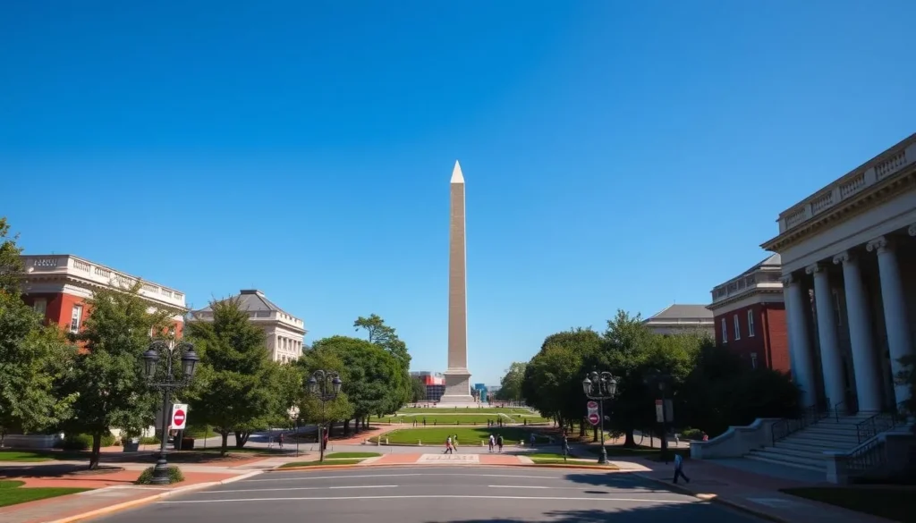 Washington Monument in Mount Vernon neighborhood of Baltimore with historic architecture Washington Monument in Mount Vernon neighborhood of Baltimore with historic architecture