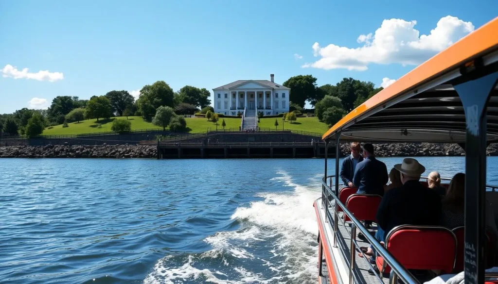 Water taxi approaching Mount Vernon's dock on the Potomac River on a clear summer day