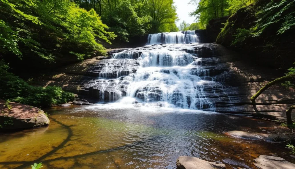 Waterfall at Plotter Kill Preserve in Schenectady County with surrounding forest Waterfall at Plotter Kill Preserve in Schenectady County with surrounding forest