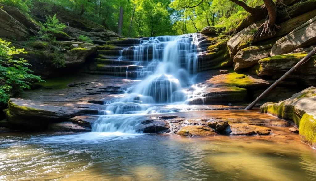Waterfall on Mountain Fork River near Broken Bow Lake, Oklahoma surrounded by lush vegetation