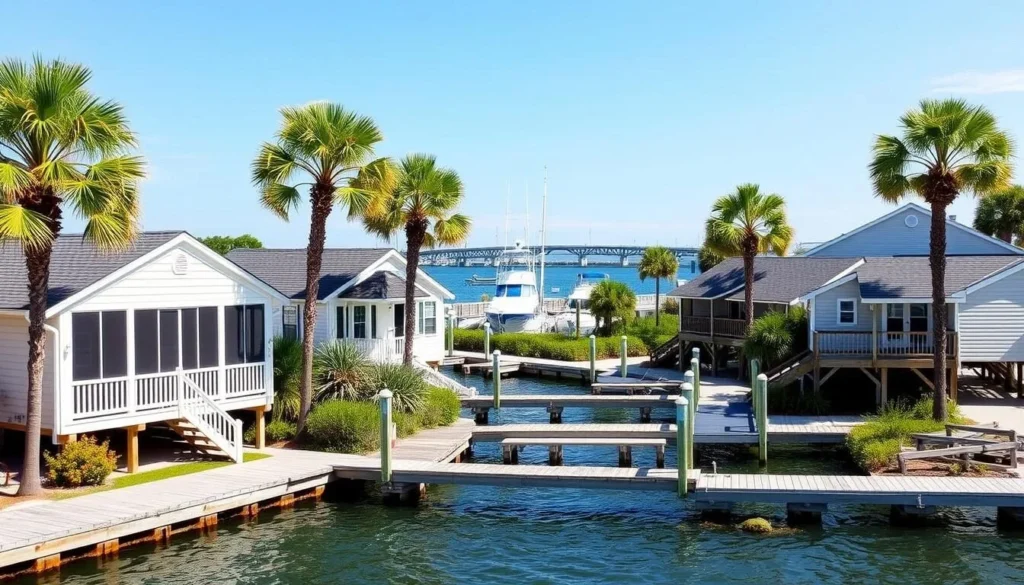 Waterfront cottages at the Indian River Marina in Delaware Seashore State Park Waterfront cottages at the Indian River Marina in Delaware Seashore State Park