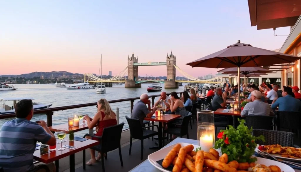 Waterfront dining with views of the London Bridge and boats on the Bridgewater Channel