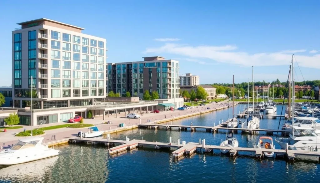 Waterfront hotel in Traverse City Michigan with views of Grand Traverse Bay and boats in the marina Waterfront hotel in Traverse City Michigan with views of Grand Traverse Bay and boats in the marina