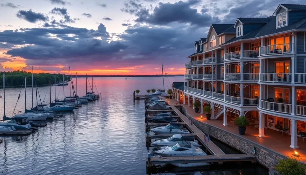 Waterfront hotel in the Thousand Islands region of Jefferson County, New York with boats and docks Waterfront hotel in the Thousand Islands region of Jefferson County, New York with boats and docks