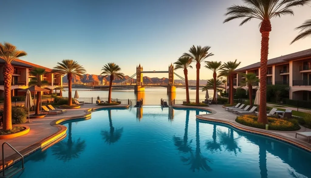Waterfront hotel view of Lake Havasu with the London Bridge visible in the distance