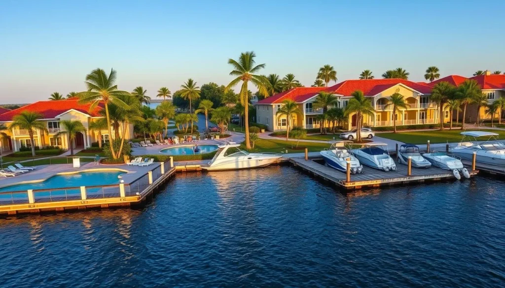Waterfront resort in Crystal River, Citrus County with boats docked along the water Waterfront resort in Crystal River, Citrus County with boats docked along the water