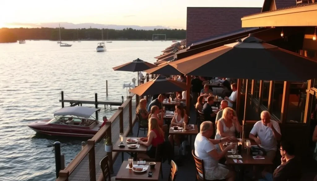 Waterfront restaurant at Lake Texoma, Oklahoma with diners enjoying sunset views Waterfront restaurant at Lake Texoma, Oklahoma with diners enjoying sunset views