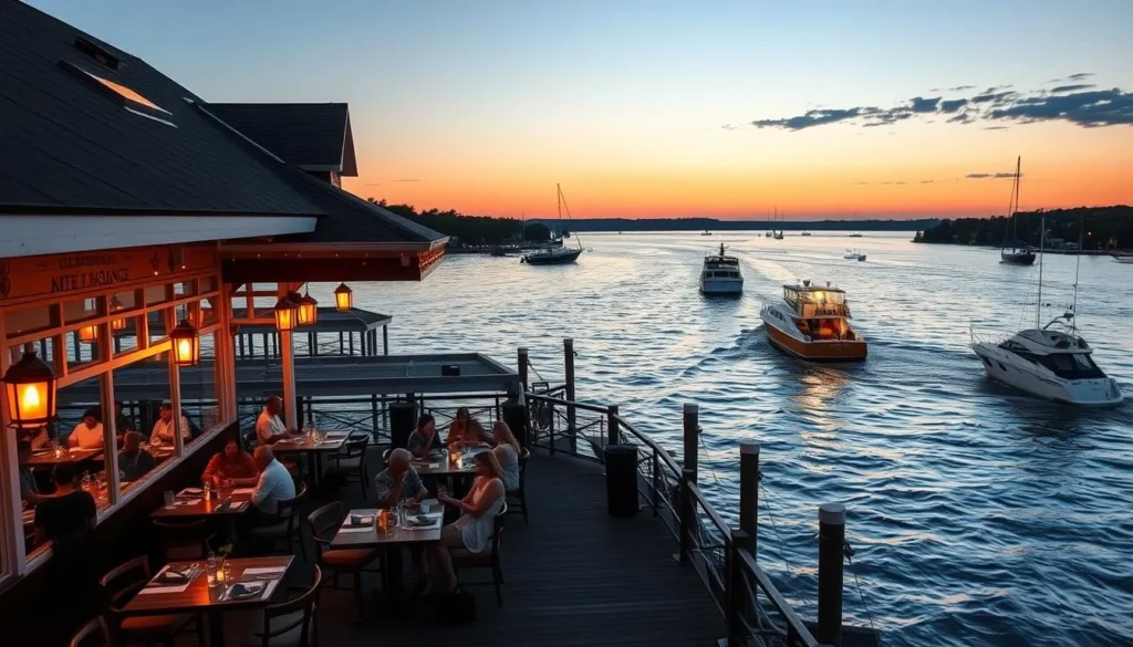 Waterfront restaurant in Alexandria Bay, Jefferson County with views of the St. Lawrence River and boats Waterfront restaurant in Alexandria Bay, Jefferson County with views of the St. Lawrence River and boats