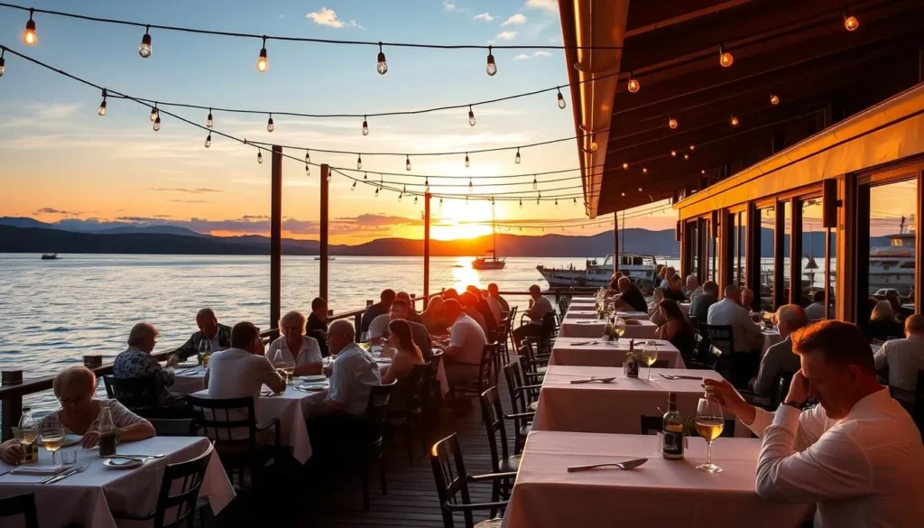Waterfront restaurant with outdoor dining deck overlooking Lake Winnipesaukee at sunset Waterfront restaurant with outdoor dining deck overlooking Lake Winnipesaukee at sunset