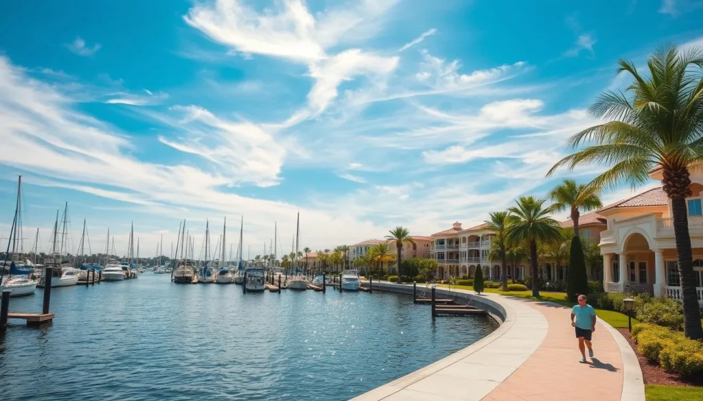 Waterfront scene of Cape Coral, Florida on a sunny day. Picturesque harbor with sailboats and yachts docked along the palm-lined promenade. Vibrant blue skies with wispy clouds overhead, reflecting in the calm, sparkling waters. In the foreground, lush green palm trees sway gently in the warm coastal breeze. Elegant Mediterranean-style buildings line the shore, creating a charming, tranquil atmosphere. A lone jogger or cyclist casually makes their way along the scenic waterfront path. The image captured with a wide-angle lens to showcase the full scope of this idyllic coastal setting.