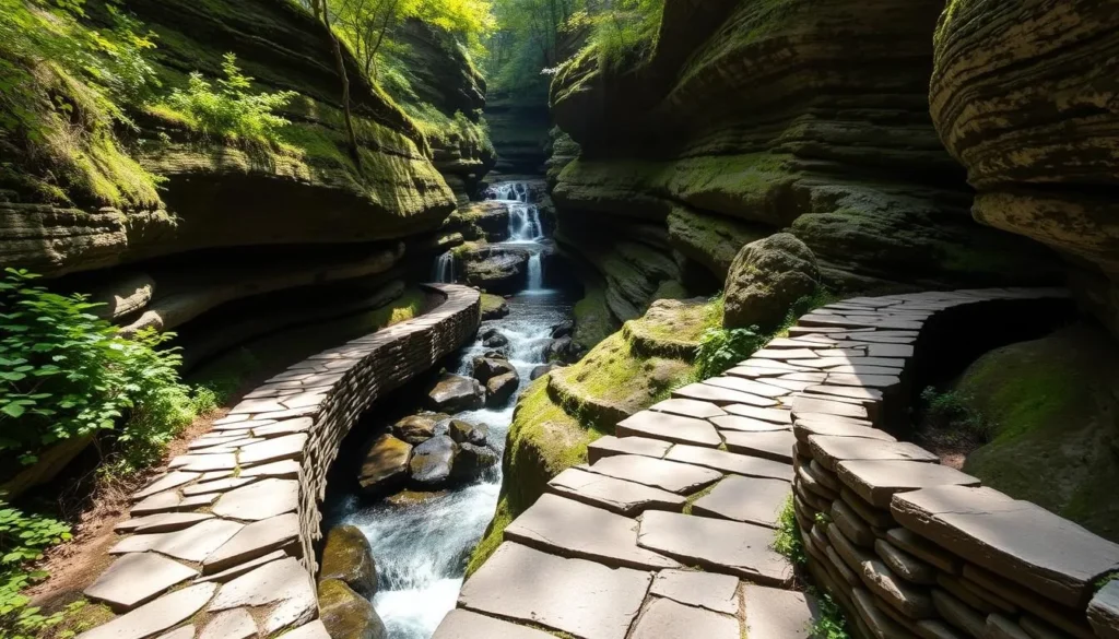 Watkins Glen State Park gorge trail with stone walkway and waterfalls Watkins Glen State Park gorge trail with stone walkway and waterfalls