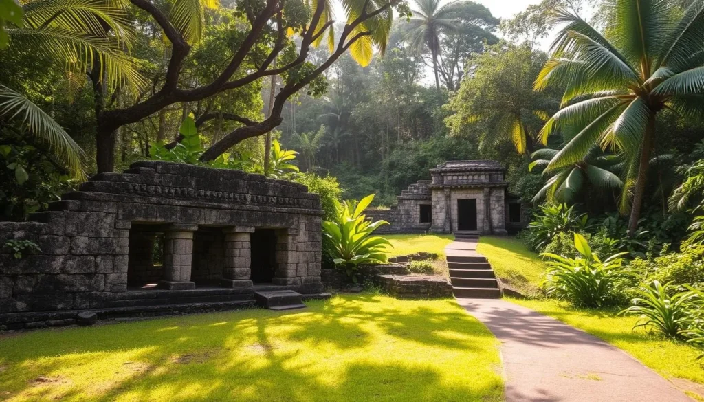 Weathered stone ruins nestled amidst lush tropical foliage, sunlight filtering through the canopy, casting warm hues across the ancient structures. Intricate carvings and timeworn walls stand as testament to the rich cultural heritage of Kaloko-Honokohau National Historical Park. In the foreground, a path winds through the verdant landscape, inviting exploration of this captivating archaeological site. A sense of tranquility and wonder permeates the scene, transporting the viewer to a bygone era.