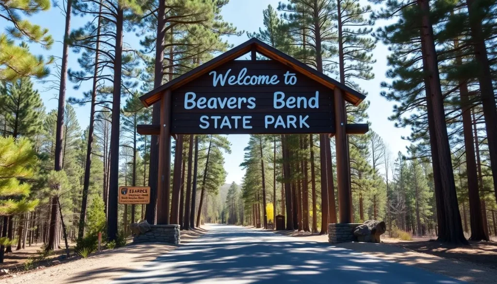 Welcome sign at the entrance of Beavers Bend State Park with forest backdrop and directional information Welcome sign at the entrance of Beavers Bend State Park with forest backdrop and directional information