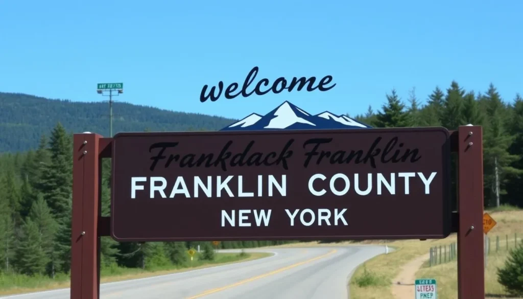 Welcome sign to Franklin County, New York with Adirondack Mountains in background Welcome sign to Franklin County, New York with Adirondack Mountains in background