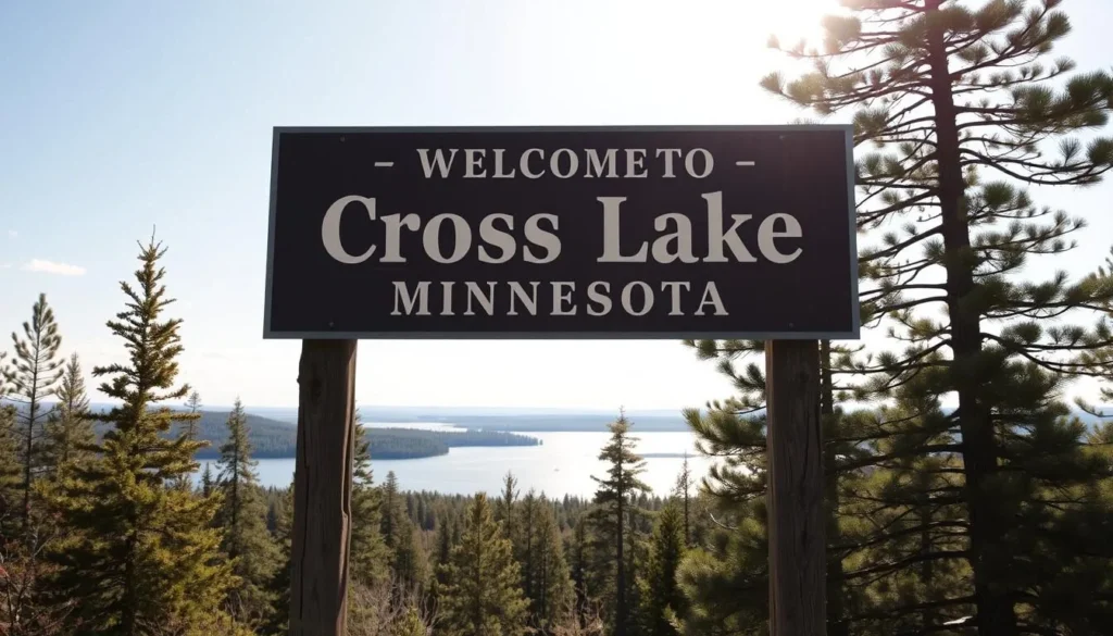 Welcome to Cross Lake sign with pine trees and lake in the background Welcome to Cross Lake sign with pine trees and lake in the background
