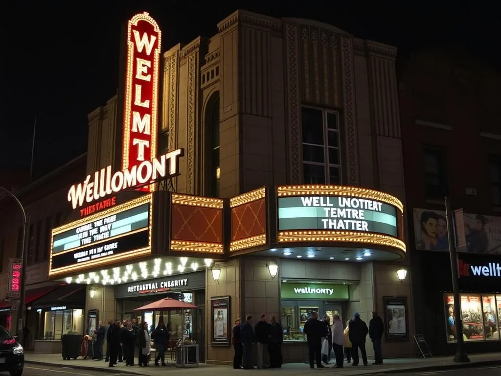 Wellmont Theater marquee lit up at night in downtown Montclair, New Jersey Wellmont Theater marquee lit up at night in downtown Montclair, New Jersey