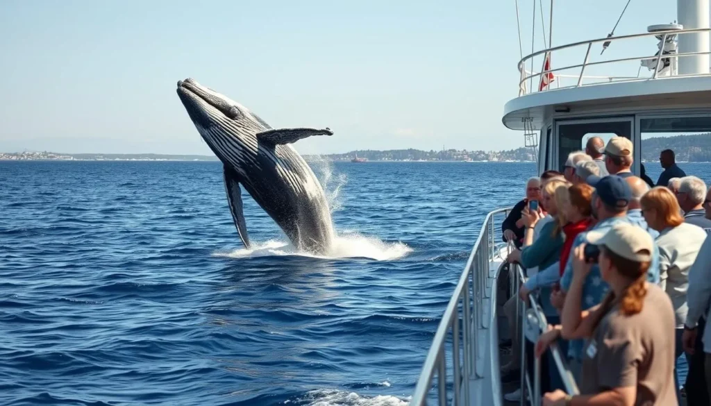 Whale watching boat near Provincetown Massachusetts with a humpback whale breaching out of the water Whale watching boat near Provincetown Massachusetts with a humpback whale breaching out of the water