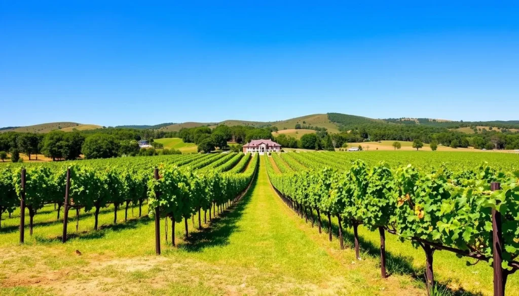White Oak Vineyards with rows of grapevines and tasting room White Oak Vineyards with rows of grapevines and tasting room
