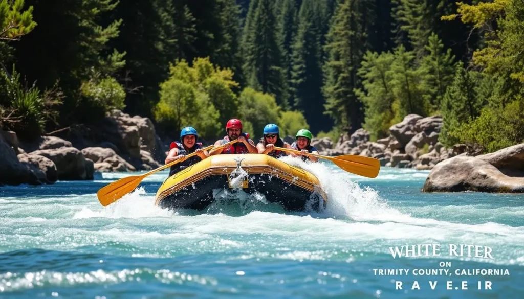 Whitewater rafting on Trinity River with rapids in Trinity County California Whitewater rafting on Trinity River with rapids in Trinity County California