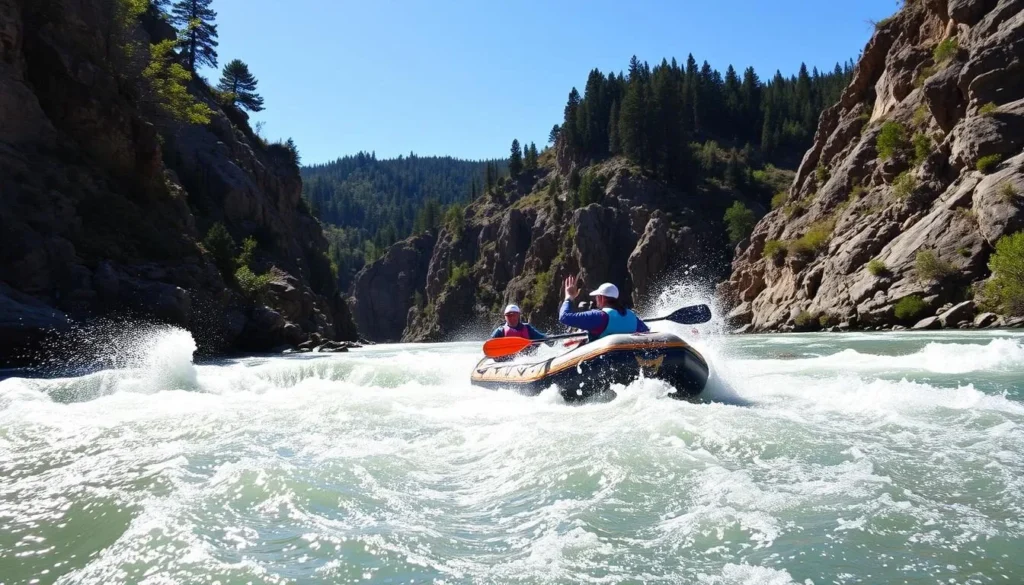 Whitewater rafting on the Middle Fork American River in Placer County with rapids and canyon walls Whitewater rafting on the Middle Fork American River in Placer County with rapids and canyon walls