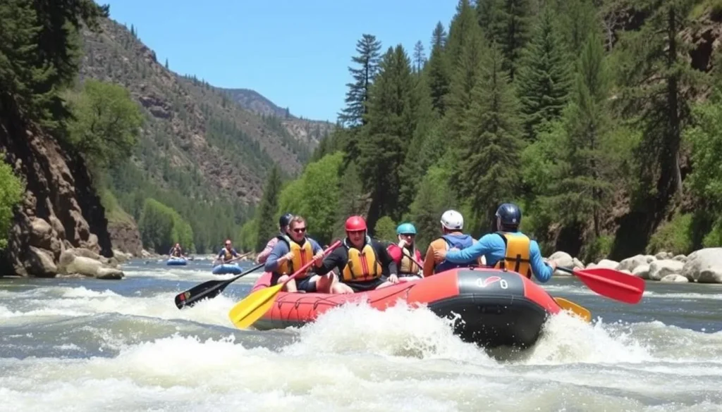 Whitewater rafting on the Trinity River with rapids and surrounding landscape