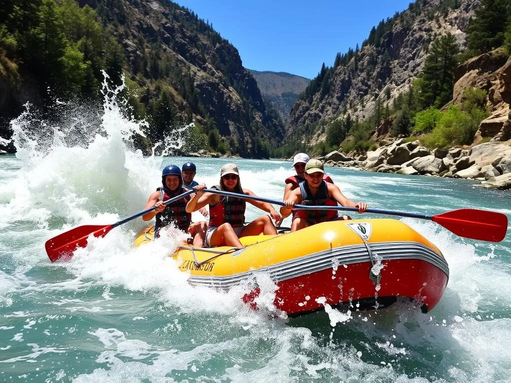 Whitewater rafting on the Tuolumne River with rafters navigating rapids Whitewater rafting on the Tuolumne River with rafters navigating rapids