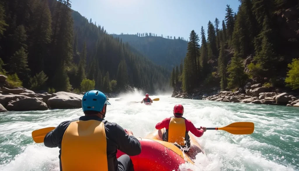 Whitewater rafting on the Yuba River with rapids and forested canyon walls Whitewater rafting on the Yuba River with rapids and forested canyon walls