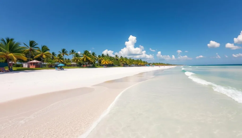 Wide sandy beach in Bay Saint Louis with shallow Gulf waters, palm trees, and few beachgoers Wide sandy beach in Bay Saint Louis with shallow Gulf waters, palm trees, and few beachgoers
