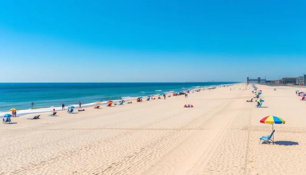 Wide sandy beach in Wildwood with colorful umbrellas and the ocean Wide sandy beach in Wildwood with colorful umbrellas and the ocean