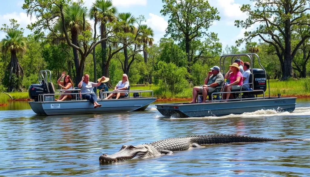 Wild Florida airboat tour in Osceola County with alligator visible in water Wild Florida airboat tour in Osceola County with alligator visible in water