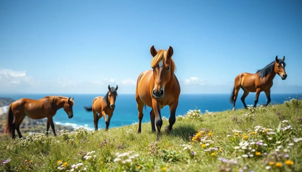 Wild Yonaguni horses grazing freely on coastal grasslands Wild Yonaguni horses grazing freely on coastal grasslands