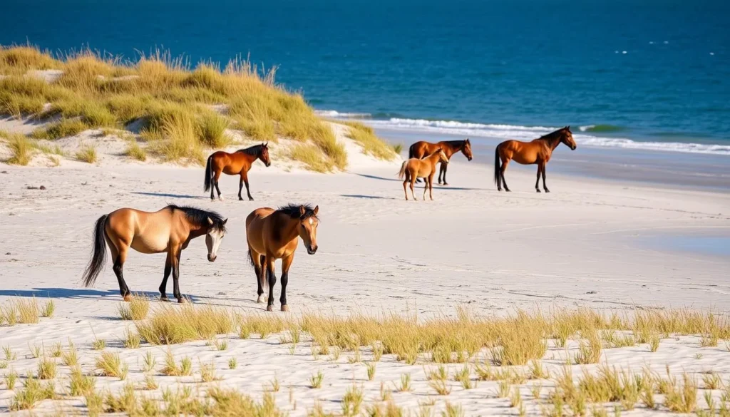 Wild horses grazing on Shackleford Banks near Harkers Island Wild horses grazing on Shackleford Banks near Harkers Island