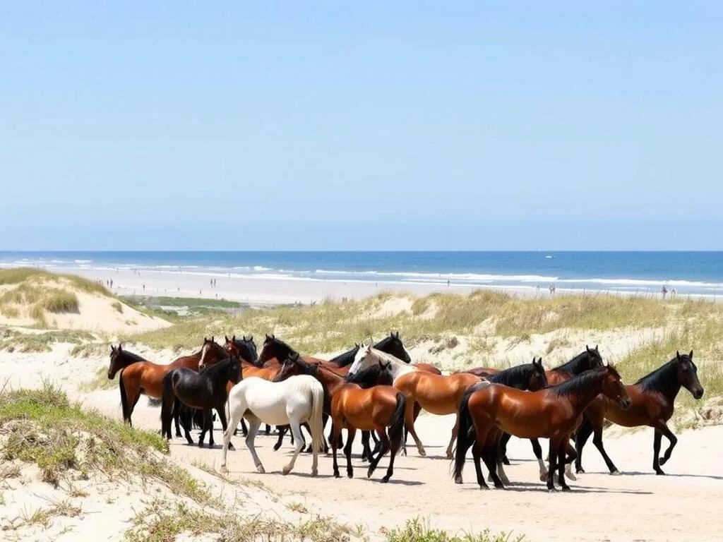Wild horses roaming on Assateague Island beach near Ocean City Wild horses roaming on Assateague Island beach near Ocean City