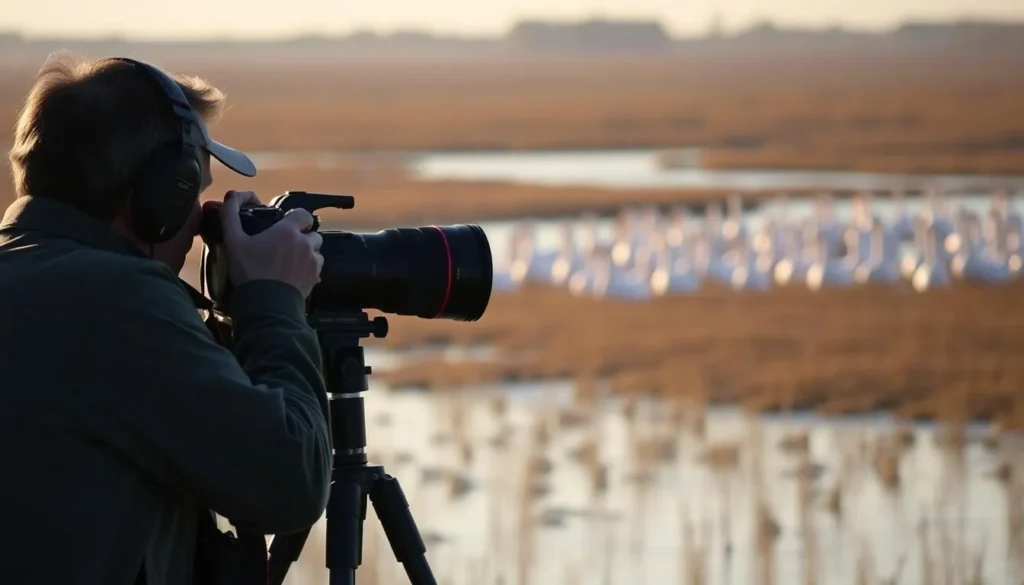 Wildlife photographer capturing images of birds at Mackay Island National Wildlife Refuge on Knotts Island, North Carolina Wildlife photographer capturing images of birds at Mackay Island National Wildlife Refuge on Knotts Island, North Carolina
