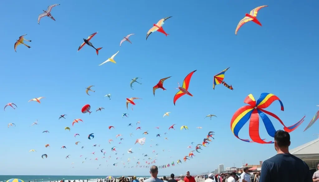 Wildwood International Kite Festival with colorful kites flying over the beach Wildwood International Kite Festival with colorful kites flying over the beach