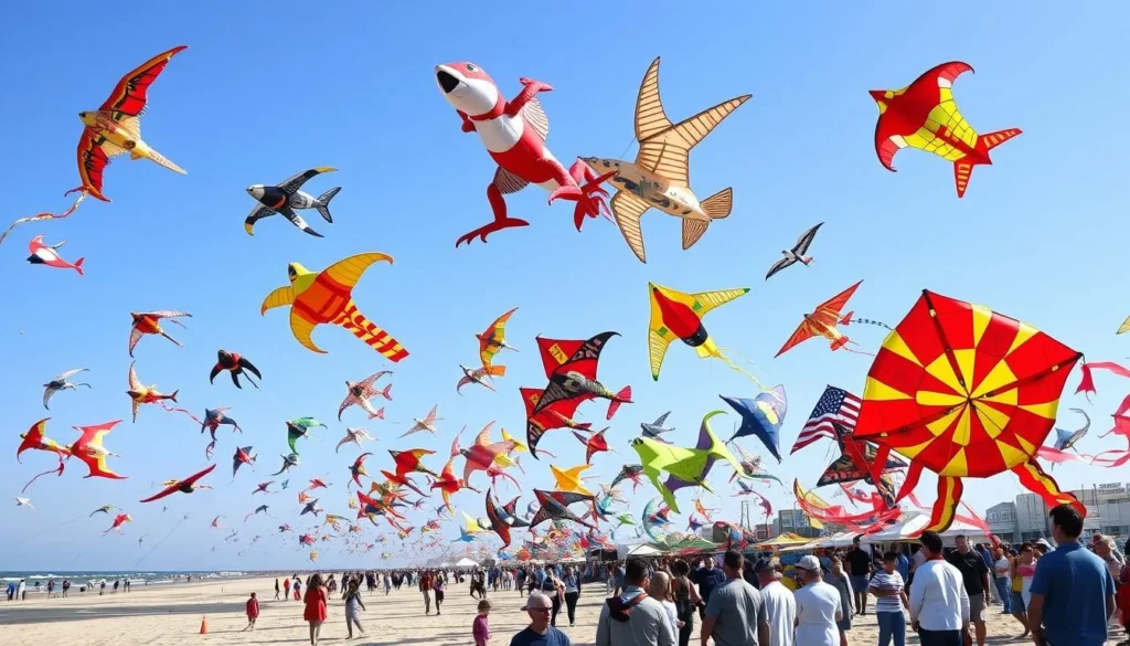 Wildwood Kite Festival with colorful kites flying over the beach Wildwood Kite Festival with colorful kites flying over the beach