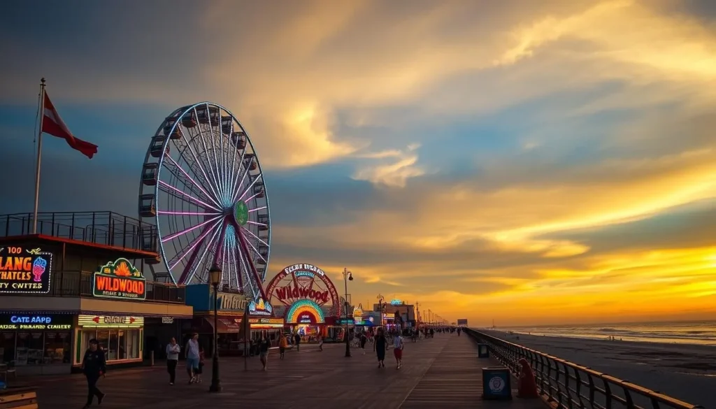 Wildwood boardwalk at sunset with illuminated Ferris wheel and rides Wildwood boardwalk at sunset with illuminated Ferris wheel and rides