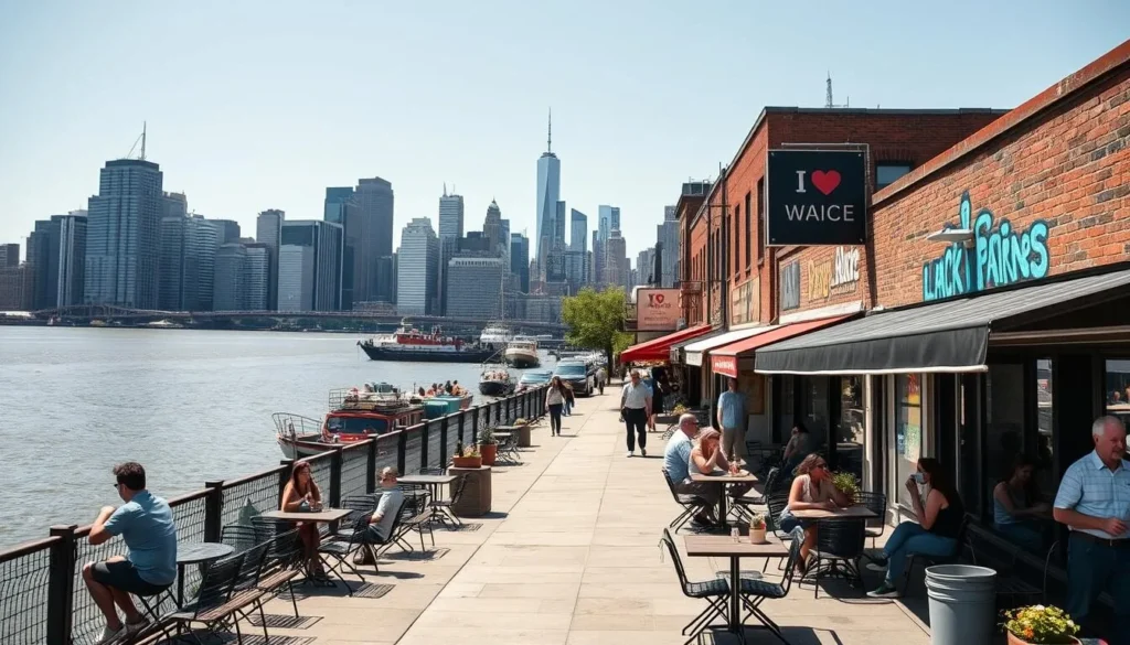 Williamsburg waterfront with skyline view, street art, and outdoor dining scene Williamsburg waterfront with skyline view, street art, and outdoor dining scene