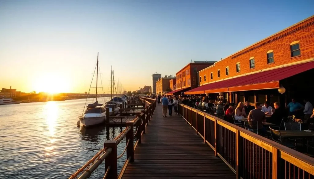 Wilmington North Carolina's Riverwalk at sunset with historic buildings, restaurants, and boats on the Cape Fear River Wilmington North Carolina's Riverwalk at sunset with historic buildings, restaurants, and boats on the Cape Fear River