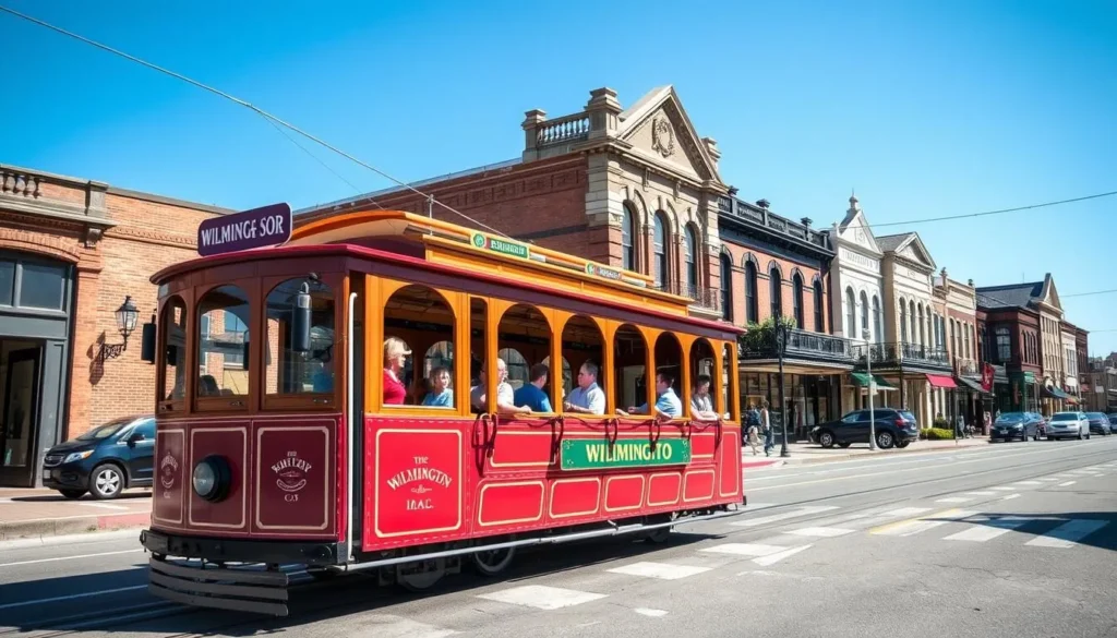 Wilmington North Carolina's historic trolley traveling through downtown with passengers enjoying the sightseeing tour Wilmington North Carolina's historic trolley traveling through downtown with passengers enjoying the sightseeing tour