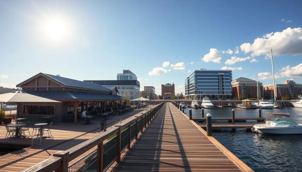 Wilmington Riverfront boardwalk with restaurants and boats on the Christina River Wilmington Riverfront boardwalk with restaurants and boats on the Christina River