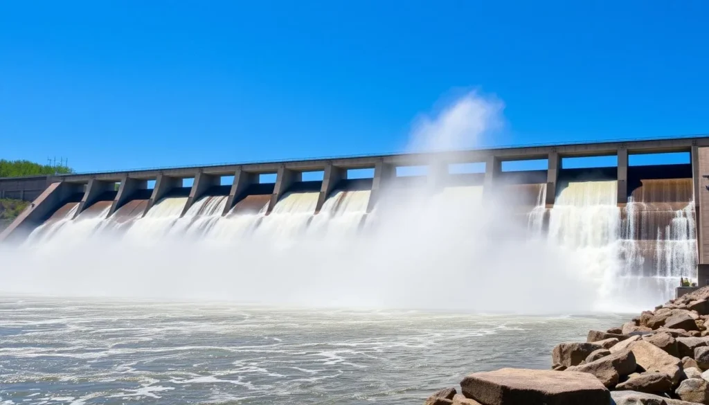 Wilson Dam waterfall in Muscle Shoals with water flowing through spillways Wilson Dam waterfall in Muscle Shoals with water flowing through spillways